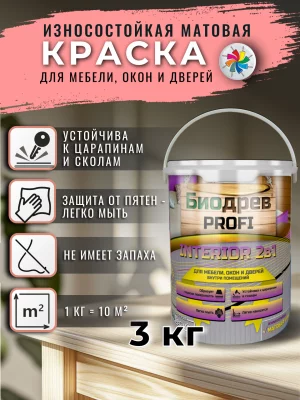 Биодрев PROFI «INTERIOR 2в1» (износостойкая матовая краска для мебели, окон и дверей)